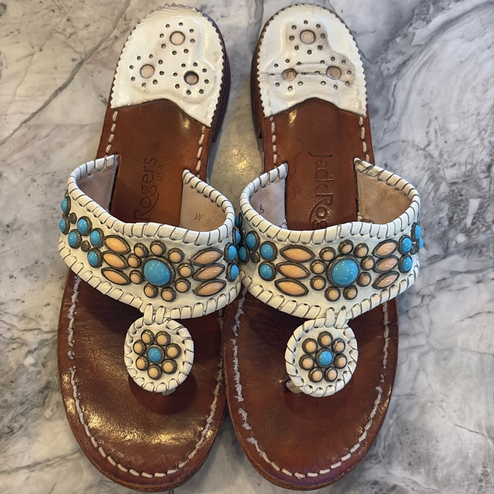 Jack Rogers Original Jacks, size 8M, leather, worn, white/blue and pink stones